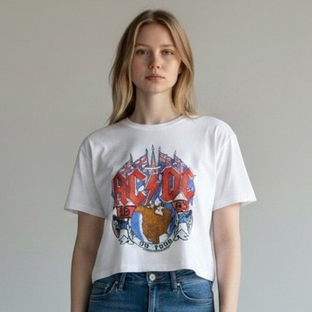 Junk Food Womans Size L AC/DC 1983 On Tour Graphic Crop Top White Cotton Tee